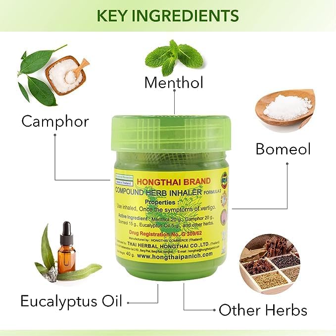 Hong Thai herbal inhaler potje met natuurlijke ingrediënten en beschrijving van de kruidenmix